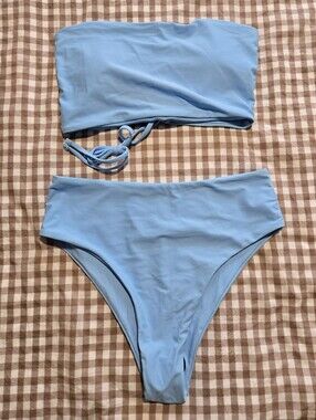 ✨️SHEIN (New) Light Powder Blue High Waisted Bandeau Bikini Set With Tie Back